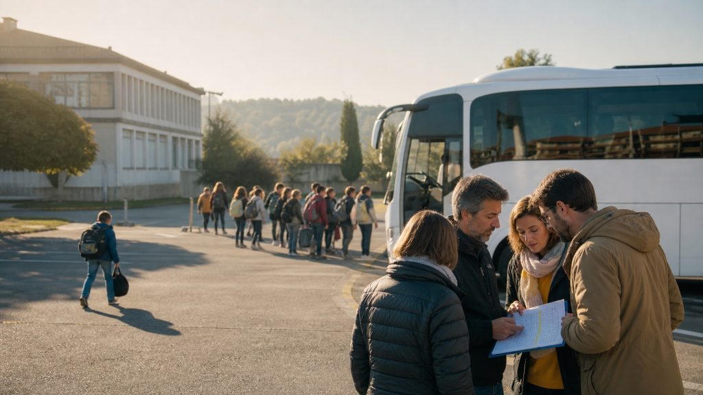 Enseignants préparant un itinéraire devant un autocar pour un voyage scolaire