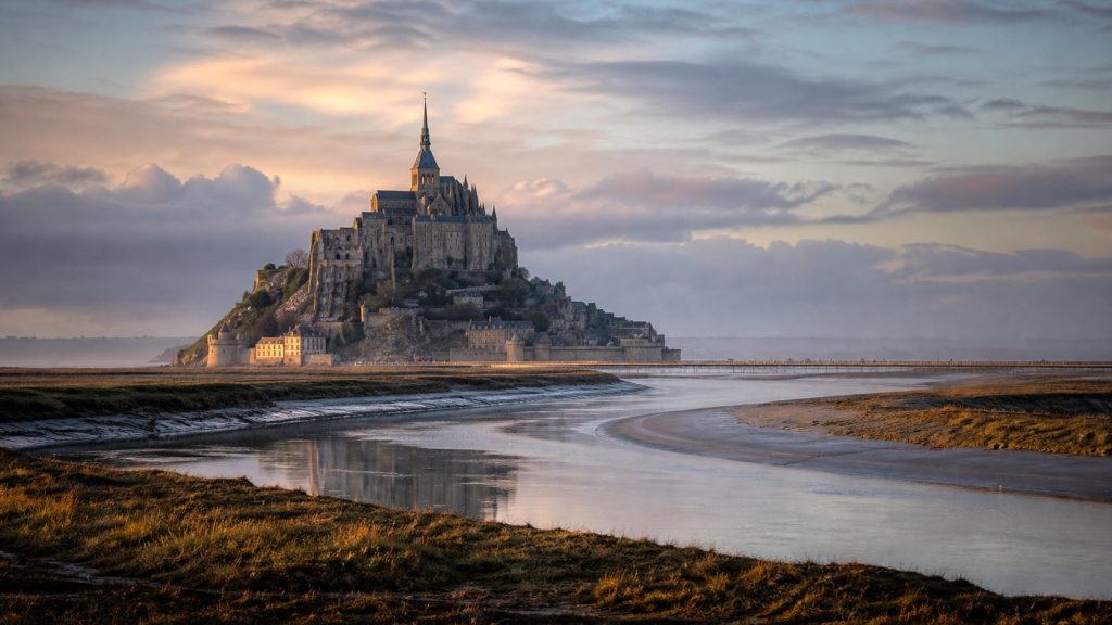 Vue panoramique photoréaliste du Mont-Saint-Michel en Normandie au lever du soleil, entouré des prés salés et des eaux de la baie.