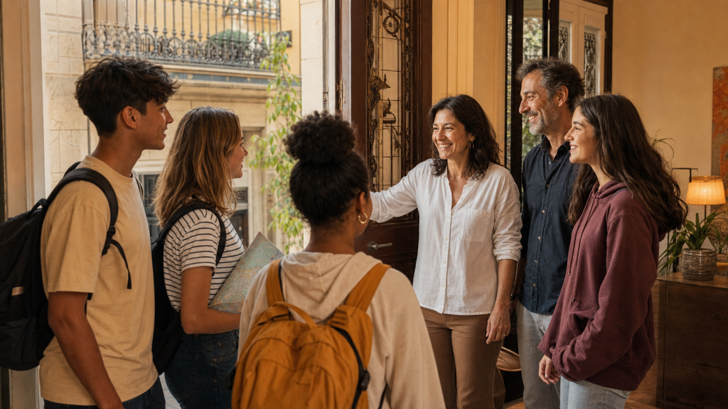 Famille d’accueil à Barcelone accueillant des élèves français devant un appartement lumineux pour un voyage scolaire