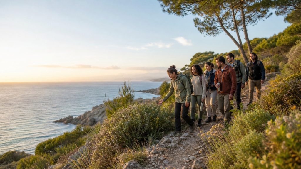 Petit groupe de voyageurs avec une guide locale sur un sentier côtier méditerranéen, observant la flore sans la toucher dans une démarche de tourisme responsable.