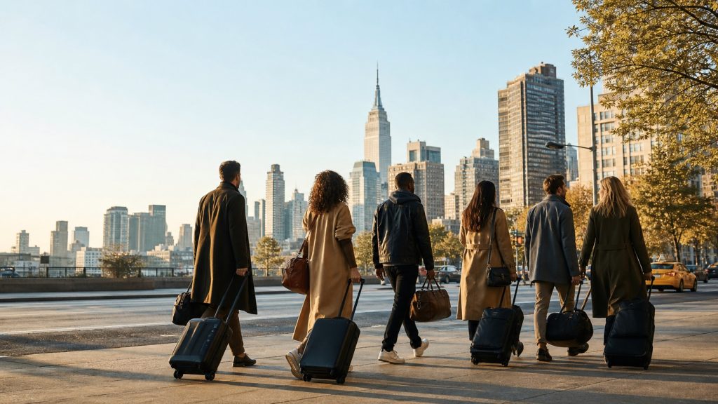Groupe d’amis avec valises découvrant Manhattan et l’Empire State Building lors d’un voyage organisé à New York
