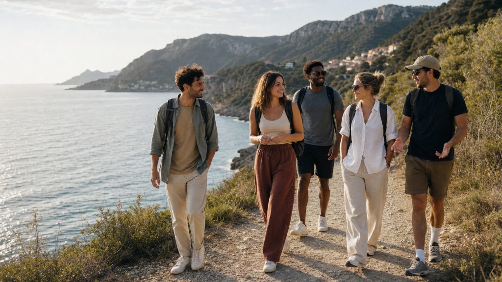 Groupe de cinq voyageurs adultes marchant et échangeant sur un sentier côtier méditerranéen lors d’un voyage solo en groupe.