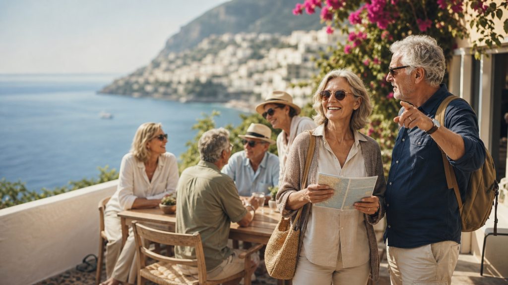 Groupe de voyageurs seniors échangeant sur une terrasse face à la mer Méditerranée avant une excursion organisée.