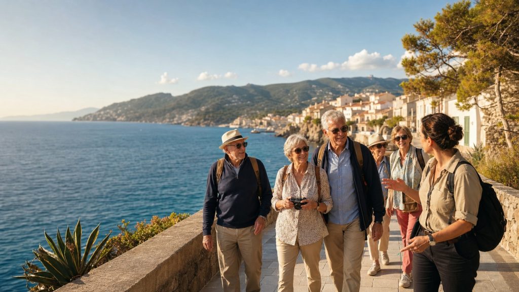 Groupe de voyageurs seniors d’environ 70 ans découvrant ensemble une promenade méditerranéenne lors d’un voyage organisé.