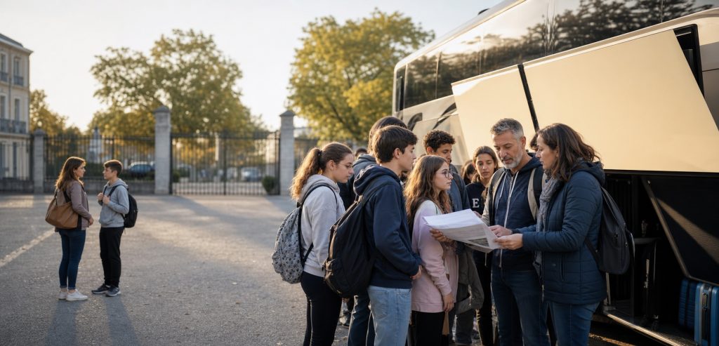 Élèves et accompagnateurs devant un autocar lors d’une sortie scolaire, avec vérification des autorisations au départ