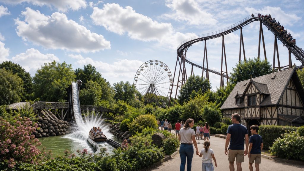 Parc d’attractions familial en Normandie avec montagnes russes, grande roue et décors verdoyants sous un ciel d’été.