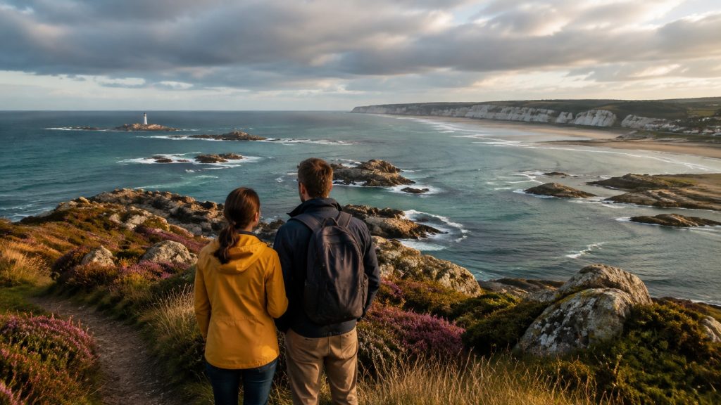Couple de voyageurs contemplant une côte sauvage entre phare breton, rochers granitiques et falaises normandes.