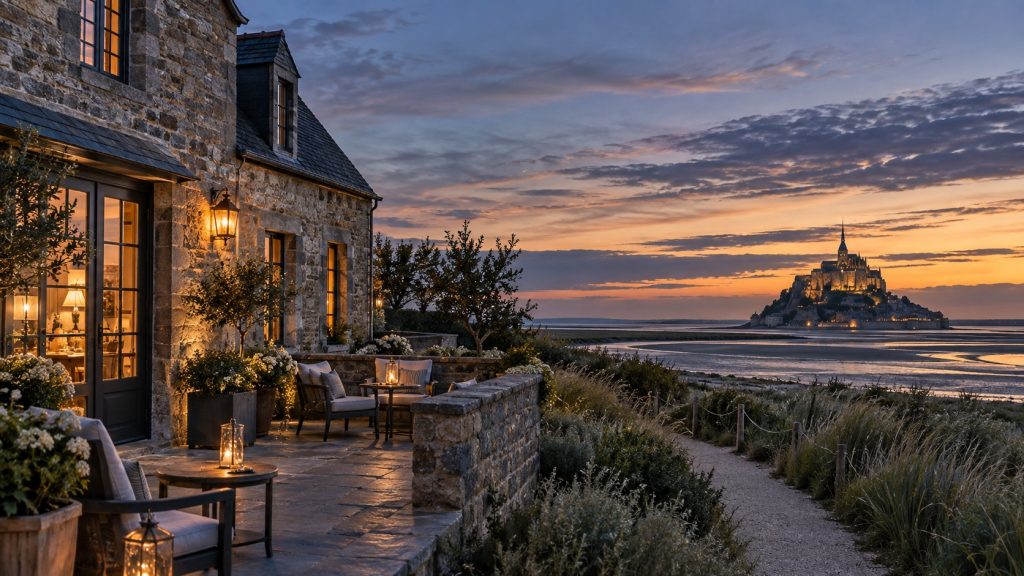 Hôtel élégant près du Mont-Saint-Michel au crépuscule, avec terrasse éclairée et vue sur l’abbaye au loin
