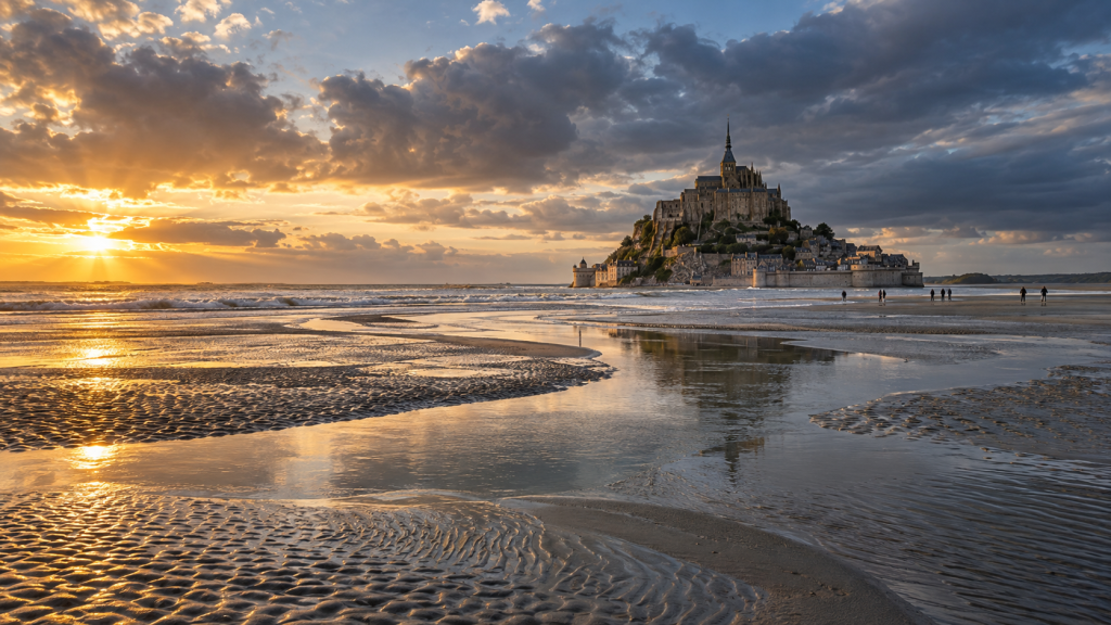Vue panoramique photoréaliste du Mont-Saint-Michel à l’heure des grandes marées, avec grèves de sable humide, chenaux d’eau et ciel dramatique au coucher du soleil.