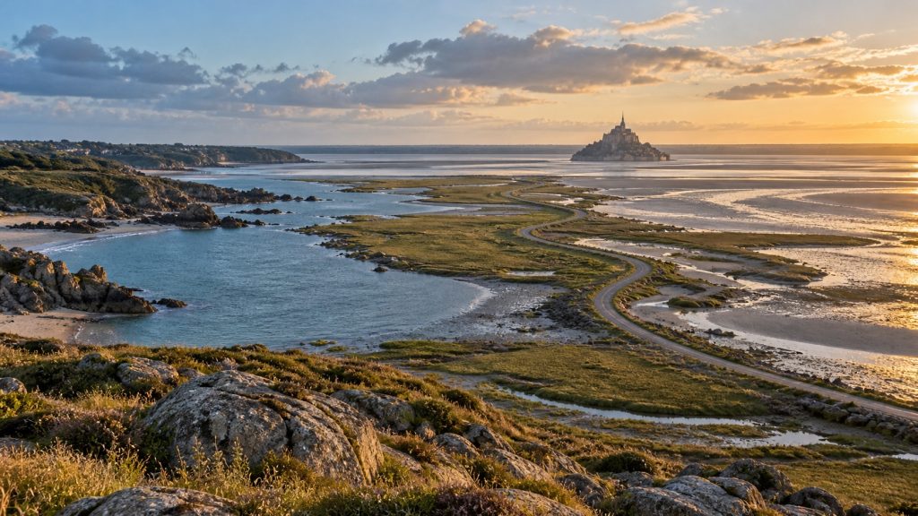 Vue panoramique de la baie entre Saint-Malo et le Mont-Saint-Michel, avec route côtière, prés salés et marées basses.
