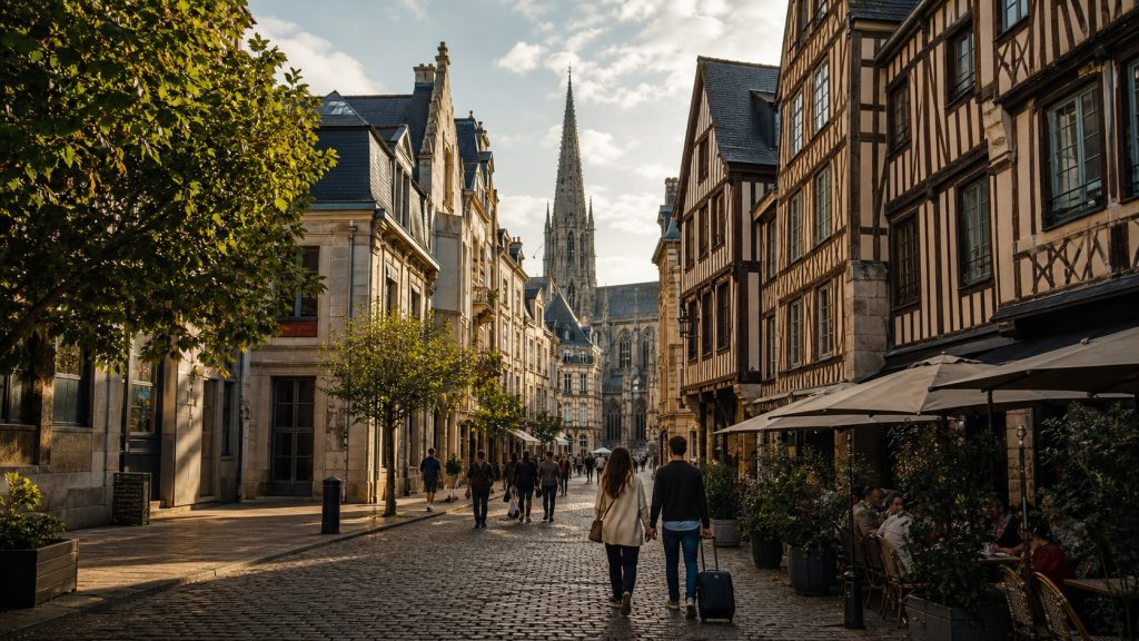 Rue piétonne du centre historique de Rouen avec maisons normandes à colombages et cathédrale en arrière-plan.