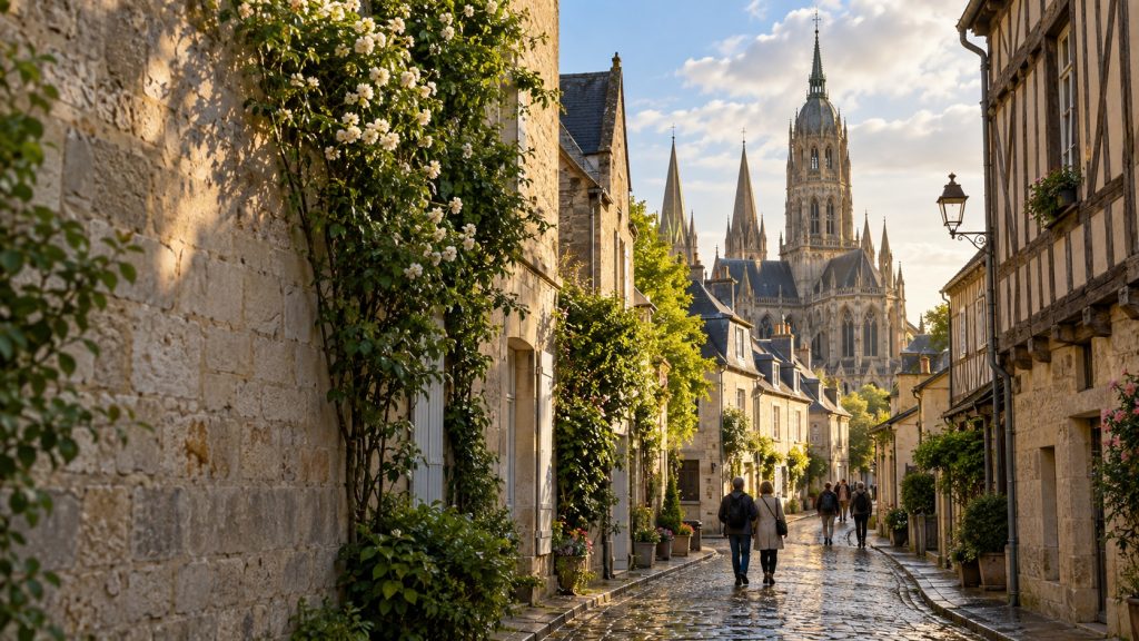 Rue historique de Bayeux bordée de maisons à colombages et de façades en pierre, avec la cathédrale en arrière-plan sous une lumière douce.