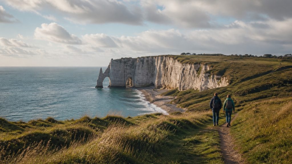 Deux voyageurs parcourent un sentier côtier face aux falaises blanches et à l’arche d’Étretat en Normandie.