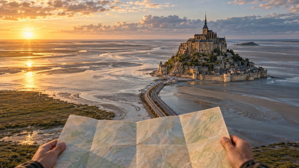 Vue aérienne photoréaliste du Mont-Saint-Michel au lever du soleil, avec la baie, les chenaux de marée, la passerelle et une carte pliée au premier plan.