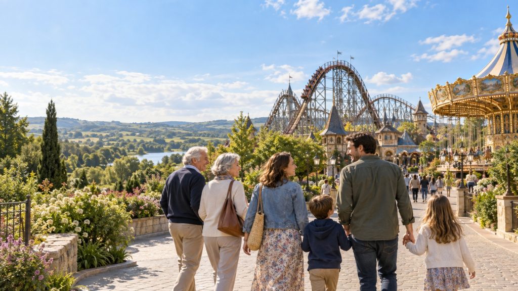 Famille multigénérationnelle se dirigeant vers des attractions et un manège dans un parc de loisirs au cœur des paysages verdoyants de Normandie.